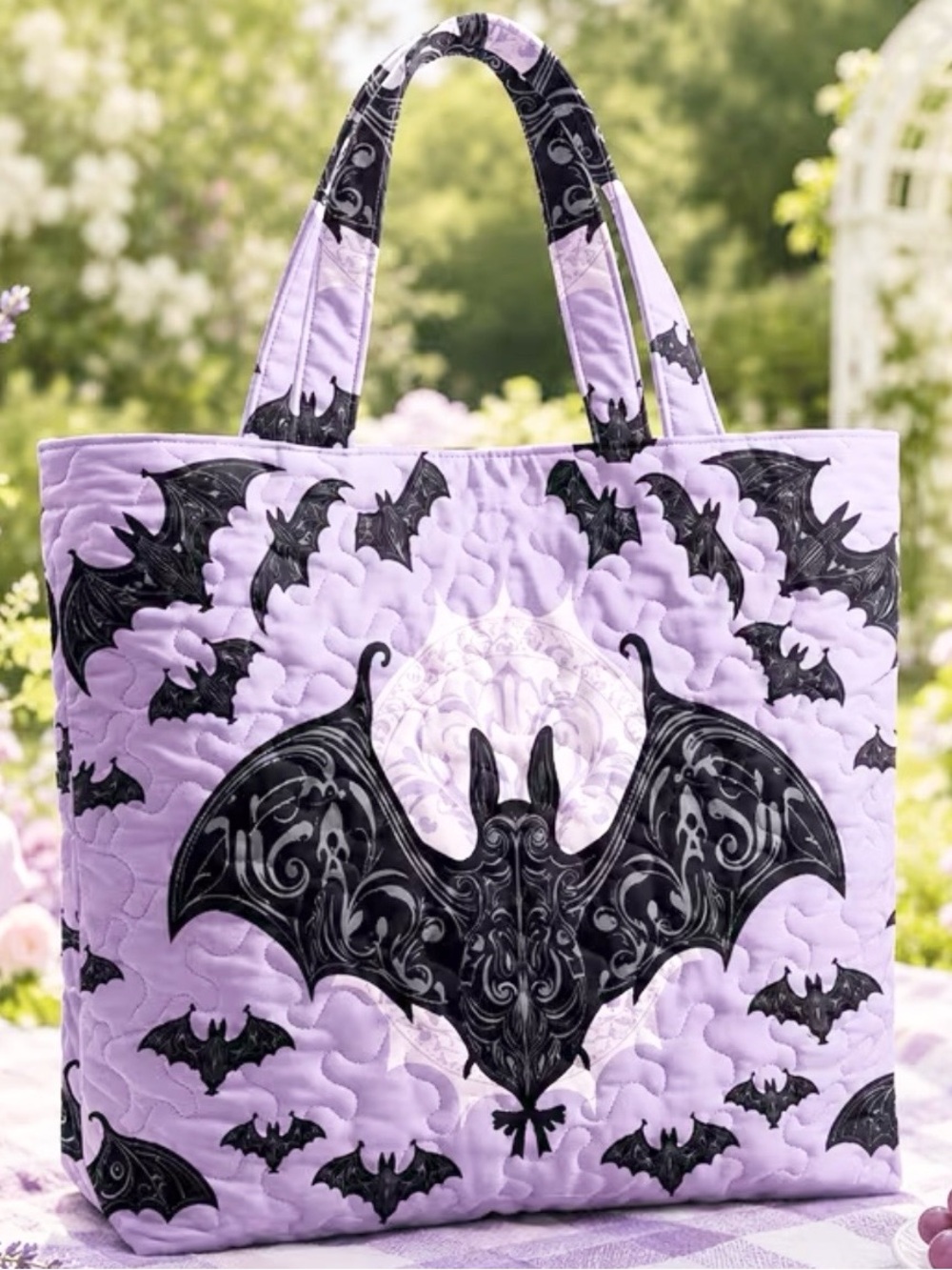 (A14) Quilted Tote Bag - Bat Print - Picture 3 of 3